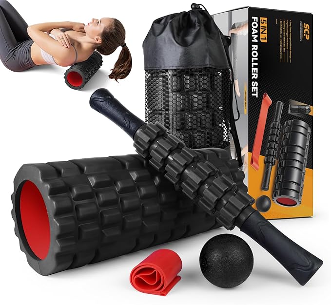5 in1 Foam Roller Set, Trigger Point Foam Roller, Massage Roller Stick, Massage Ball, Resistance Band for Deep Muscle Massage Pilates Yoga,Fitness Exercise for Whole Body (Black-Red)