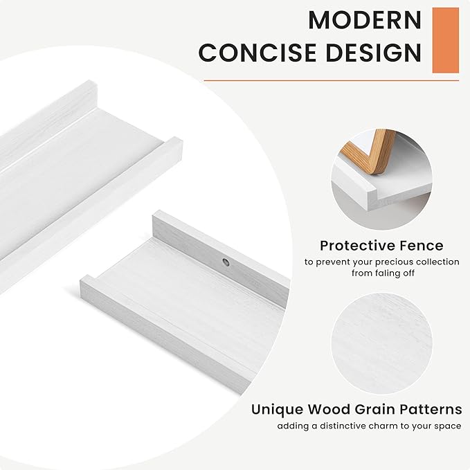 Solid Ash Wood Picture Ledge Shelf, 36 Inch Floating Shelves with Lip Set of 2, Photo Ledge Shelf Nursery Bookshelf Wall Mounted for Living Room Bedroom Decor, White