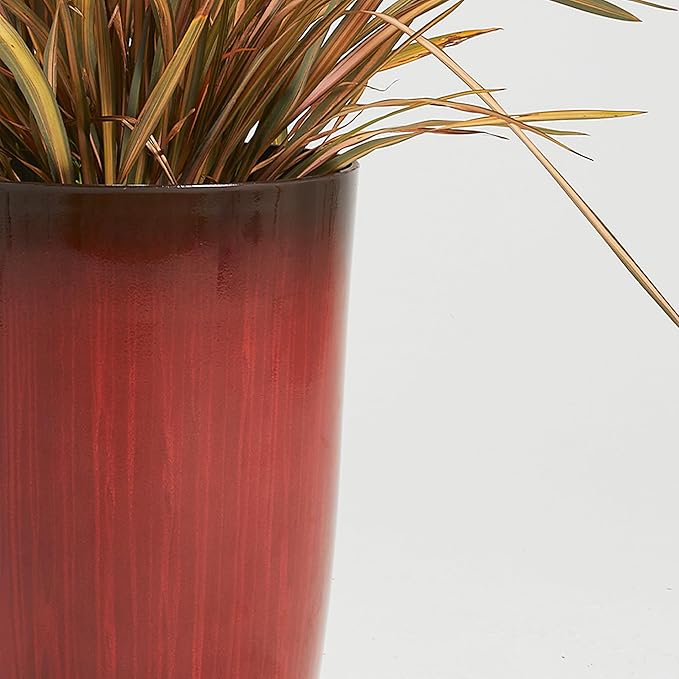 Worth Garden 20" H. Plastic Planters - Set of 2 Gradient Red Glossy Smooth Finish - Tall Plant Pots Drain Hole for Indoor Outdoor Use - Decorative Lightweight Flower Pots for Front Porch, Patio, Deck