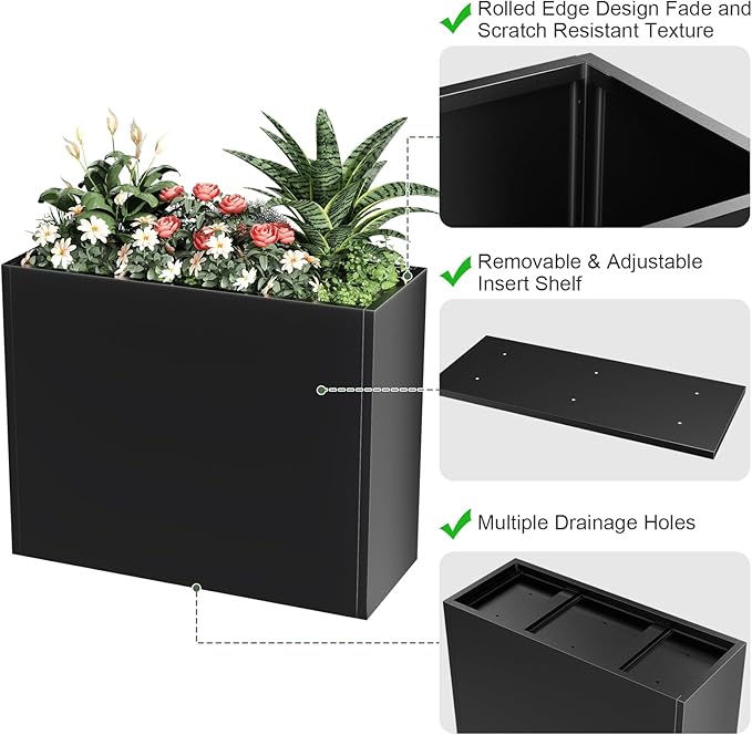Tall Metal Cube Planter for Outdoor Plants 36" L x 12" W x 26" H, Heavy Duty Steel Large Planter Box with Removable Insert Shelf, Modern Décor for Tall Plants, Trees, Flowers (Black)