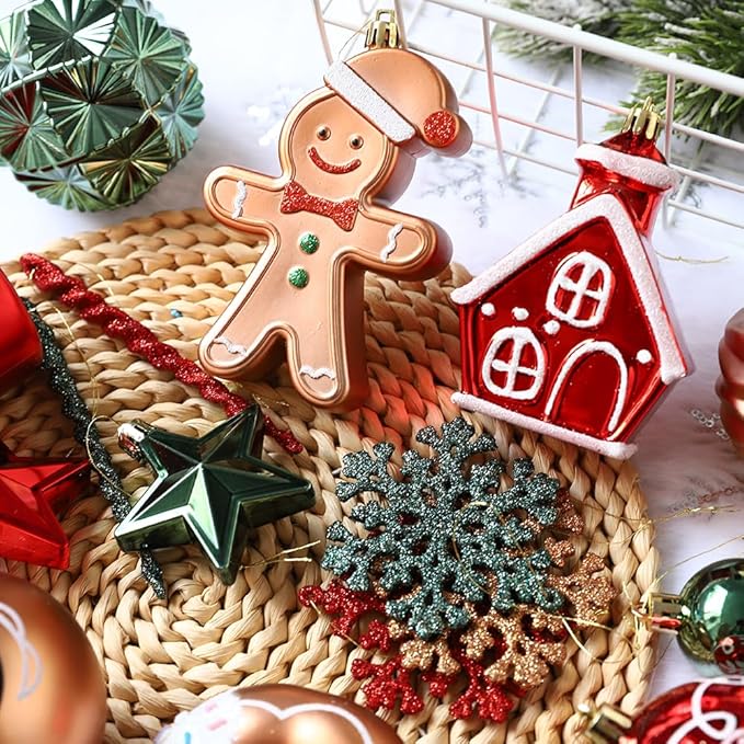 Gingerbread Man Christmas Tree Ball Ornaments Set - 72 ct Red Green Copper Gold Plastic Shatterproof Hanging Ornaments for Xmas Tree Indoor Outdoor Holiday Party Decorations