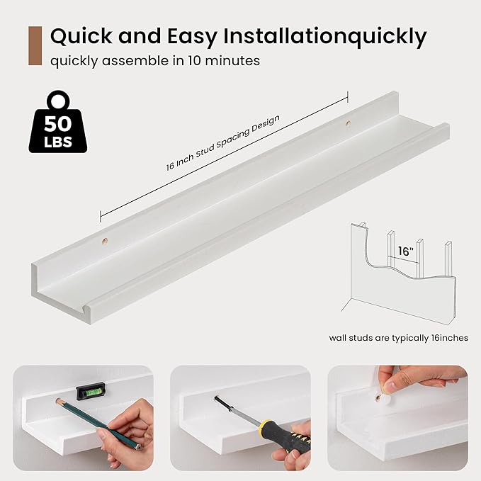 Picture Ledge Shelf, Solid Pine Wood Floating Shelves Set of 2, 24 Inches Nursery Book Shelves for Toys Storage, Kids Bookshelf Wall Mounted for Living Room Bedroom Decor Books Photo Frames, White