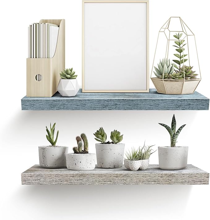 Sorbus Floating Shelf — Hanging Wall Shelves Decoration — Perfect Trophy Display, Photo Frames — Extra Long 24 Inch (Rectangle Shelf Set - Blue White)