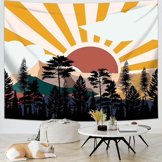 dueeia Boho Sun Tapestry Wall Hanging Abstract Mountain Tree Forest Sunset Sunrise Wall Tapestries for Mens Bedroom Living Room Wall Decor (90.6"x70.9")