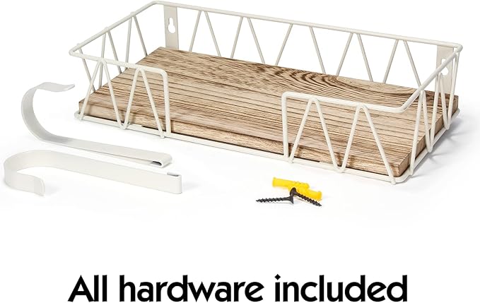 TJ.MOREE Ironing Board Hanger Wall Mount - Laundry Room Decor Iron and Ironing Board Holder with Large Storage Wooden Base Basket and Removable Hooks(T&V Shaped) Cream