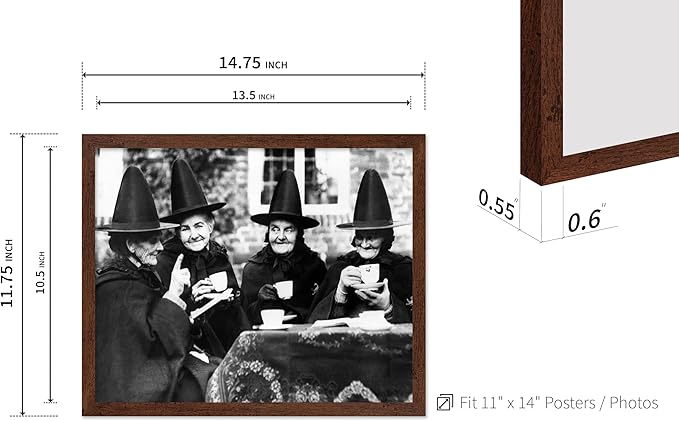 Poster Master Classic Photograph Poster - Vintage Halloween Print - Gift for Artist, Friend - Witches Tea Party, Old Women Smiling, Wearing Robes - Wall Decor for Living Room, 11x14 Brown Framed
