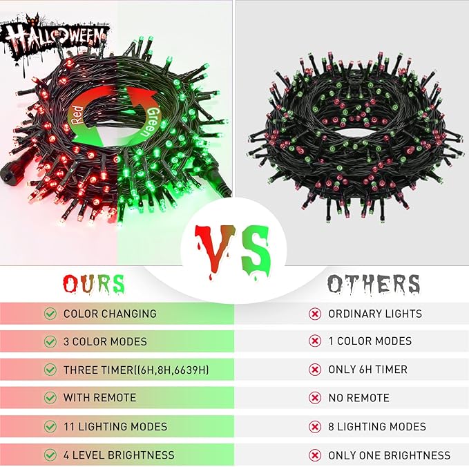 JMEXSUSS 200 LED Halloween Lights Outdoor, 66ft Red and Green String Lights with Remote, Connectable Waterproof Color Changing Christmas Lights for Party Yard Christmas Halloween Decor