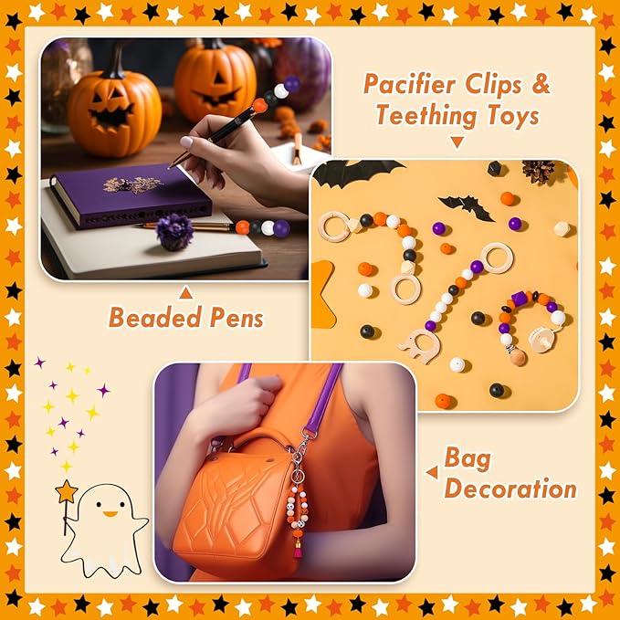 221PCS Halloween Silicone Beads for Keychain Making, Silicone Focal Bead Bulk with 15mm 14mm Loose Bead, 14mm Hexagonal Rubber Bead, Wooden Bead, Silicone Abacus Bead for DIY Necklace Bracelet Lanyard