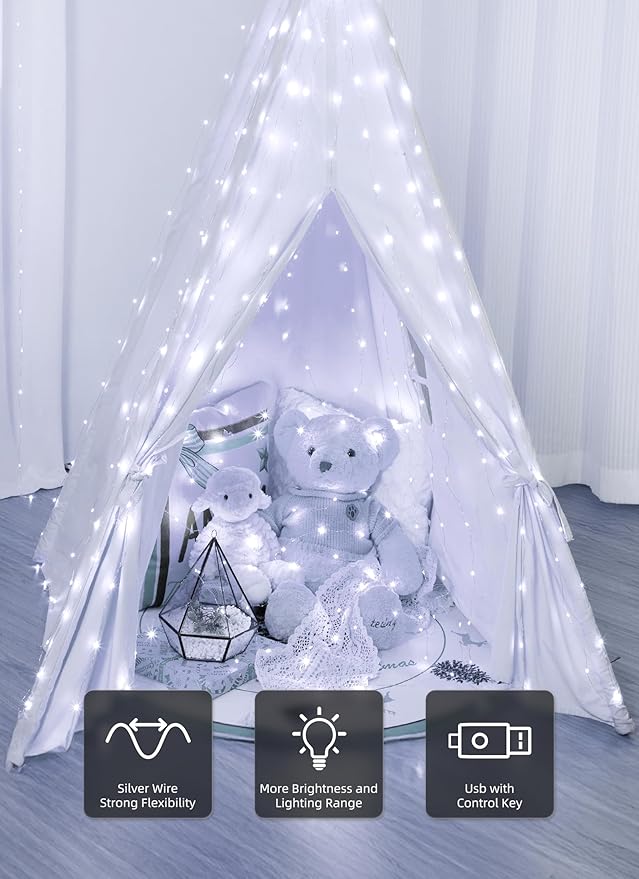 Brightown 300 LED Fairy Curtain Lights, 9.8ft x 9.8ft White Curtain String Lights, Winter Wonderland Decorations, USB Plug 8 Modes LED Christmas String Hanging Lights with Remote for Indoor Outdoor