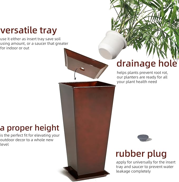 KOL 25'' & 28'' Tall Galvanized Steel Metal Glazed Planter with Insert, Set of 2, Metal Planter Pots for Indoor & Outdoor Use, Decorative Flower Plant Pots for Front Porch, Patio, Deck - Brown