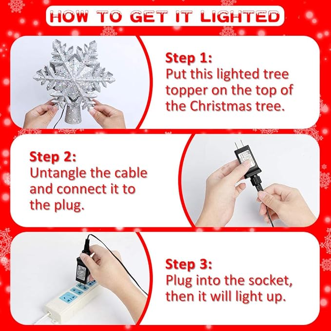 OurWarm Christmas Tree Topper Lighted with LED Rotating Silver Snowflake Decorations Projector Silver Snow Tree Topper Night Light Projector for Indoor Outdoor Christmas Tree Decorations