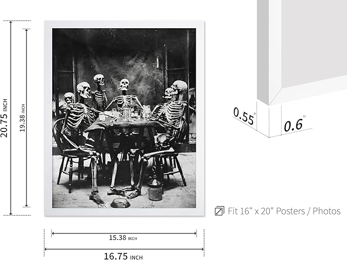 Poster Master Vintage Photograph Poster - Retro Daguerreotype Print - Gift for Artist, Friend - Skeletons Smoking at Table, Dinner Party, Goth - Wall Decor for Home, Dorm, 16x20 White Framed