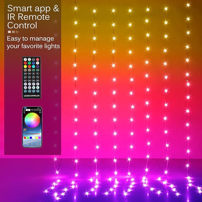 LED Curtain Lights, 9.8ft x 7.8ft 240 LED RGB Color Changing String Fairy Lights Curtain-Smart APP Control, Music & Voice Sync for Bedroom Backdrop Indoor Outdoor Christmas Decorations