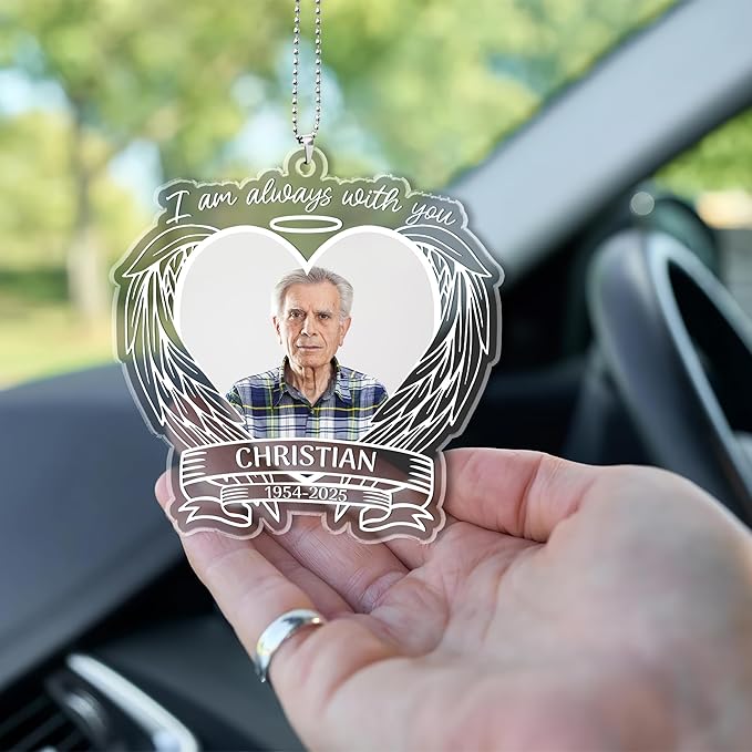 2025 Personalized Memorial Acrylic Car Hanging Ornament - Christmas, Birthday, for Loss of Loved One - Custom Photo in Loving Memory Angel Wings Heart Keepsake Decoration