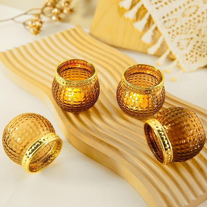 Amber Votive Candle Holders,Small Glass Tea Light Holder 12pcs,for Wedding Table,Vintage Boho Party,Holiday Centerpieces Fall Decorations