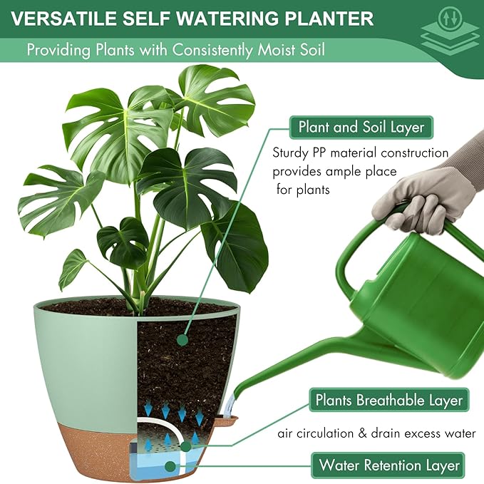 montresor 2 Pack 10 inch Plant Pots, PP Plastic Self Watering Planter with Drainage and Tray for Indoor Outdoor Plants, Water Level Window & Reservoir Flower Pots Decorative Planter (Green)