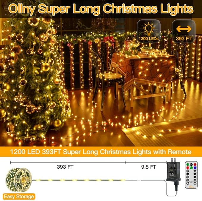 Ollny Christmas Lights Outdoor, 393FT 1200 LED IP67 Waterproof Christmas Tree Lights with 8 Modes Remote Timer, String Lights for House Yard Outside Indoor Xmas Decorations Warm White