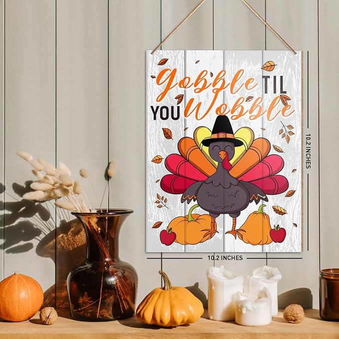 UDNADKEX Thanksgiving Decorations Hanging Sign, Autumn Fall Decor Farmhouse Turkey Pumpkin Wooden Wall Sign Thanksgiving Decorations, Gobble Til You Wobble