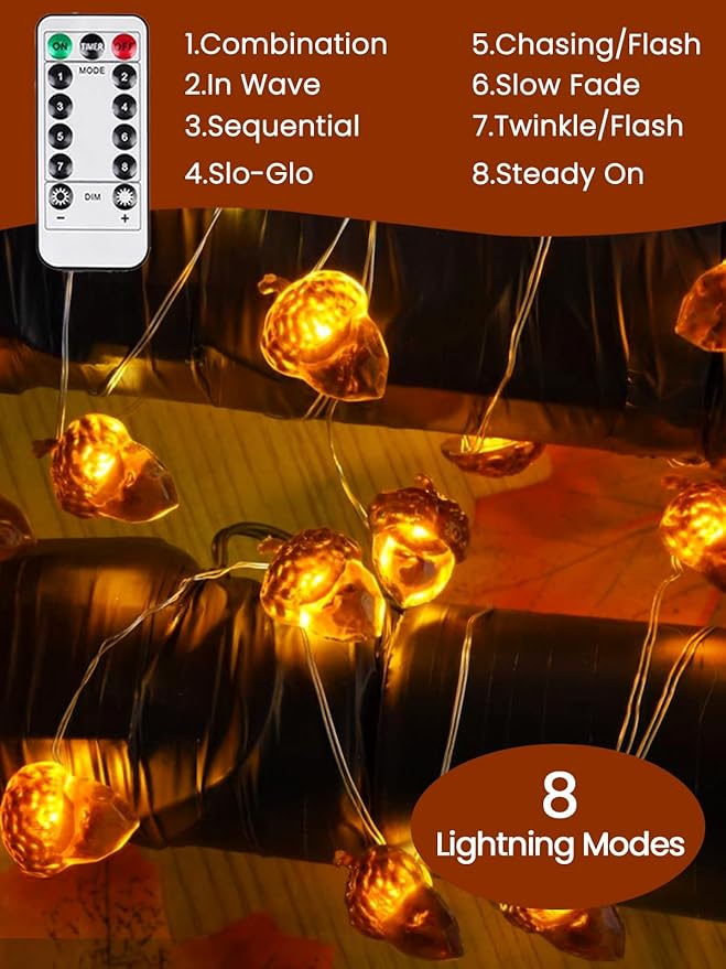 2 Pack 60LED Fall Decoration Acorn String Light Battery Operated, 20FT Fall Lights with Remote, Waterproof 8 Modes Fairy Lights for Autumn Harvest Thanksgiving Halloween Decor