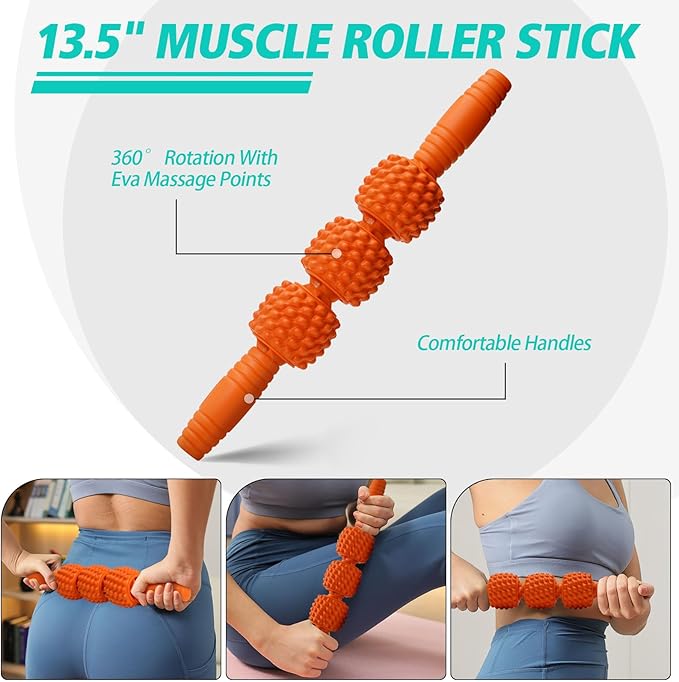 5-in-1 Foam Roller Set, Massage Roller Stick, Massage Ball, Resistance Band for Deep Muscle Massage, Trigger Point Release, Pilates, Yoga (Orange-Wave)