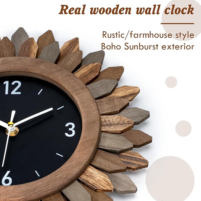 Honiway Wall Clock Battery Operated 12 in Rustic Wood Boho Sunburst Decorative Wall Clock Silent Non Ticking Farmhouse Small Wall Clocks for Living Room Kitchen Bathroom Bedroom Decor (Tricolor)