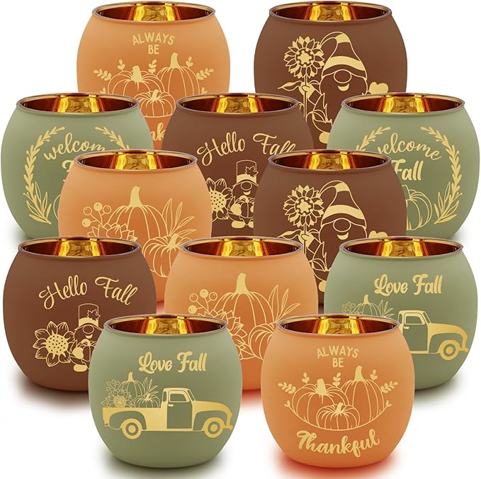 SHMILMH Fall Table Centerpiece Decorations Set of 12 Glass Votive Tealight Candle Holder for Wedding, Party, Thanksgiving, Fall Decor for Indoor and Outdoor