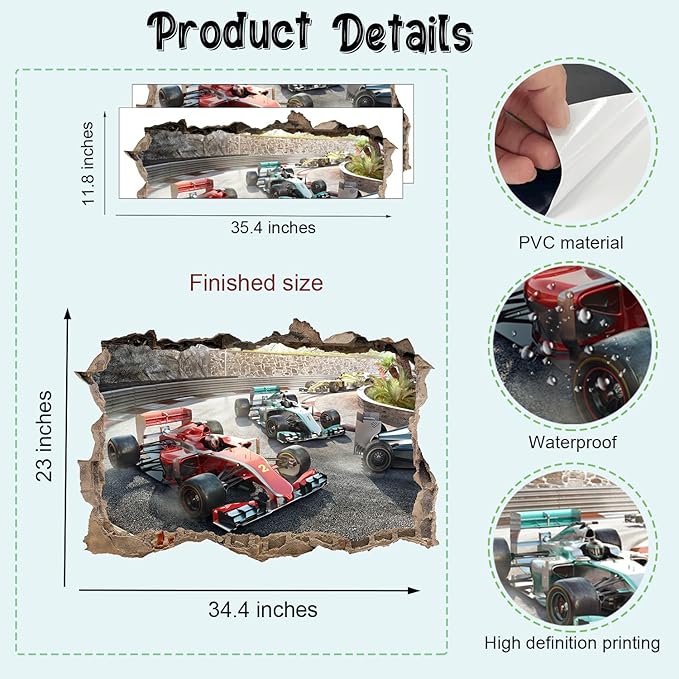 Large 3D Racing Car Wall Stickers (34.4”x 23”), Vehicles Roads Vinyl Wall Decals, Removable Racing Car Break Through Wall Art for Boys Bedroom Playroom Decor