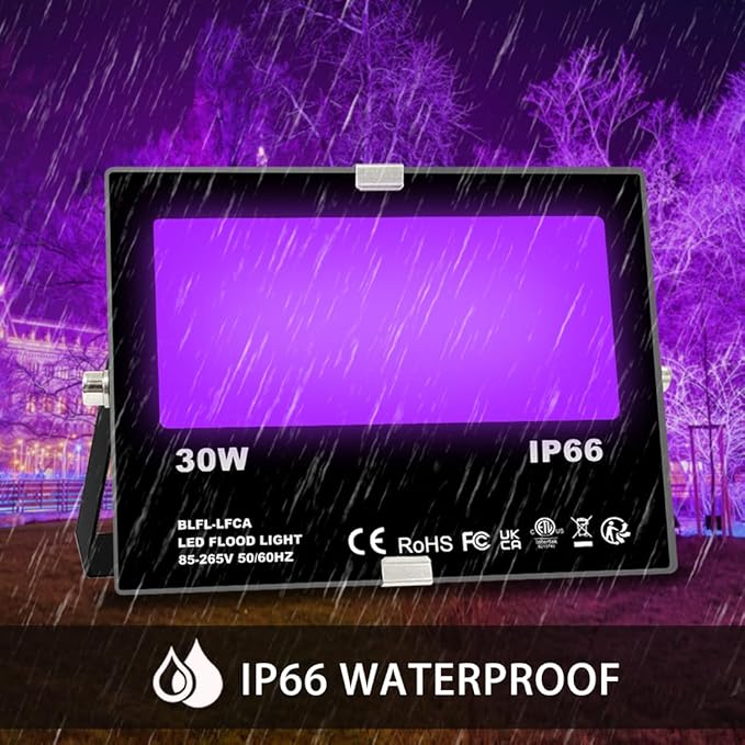 MELPO Black Light 30W LED Blacklight Flood Light Outdoor for Glow Party, Halloween Decoration, Body Paint, Fluorescent Poster, Neon Glow, IP66,US-Plug-Switch-6.7Ft Cord (4 Pack)