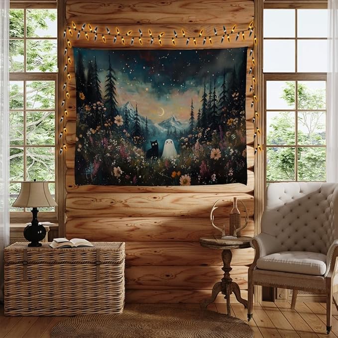 Whimsical Halloween Tapestry Wall Hanging Ghost and Black Cat in Magical Forest Wildflowers Meadow Tapestry Art Print Charming Spooky Fall Season Tapestries for Living Room Bedroom Decor 50x60inch