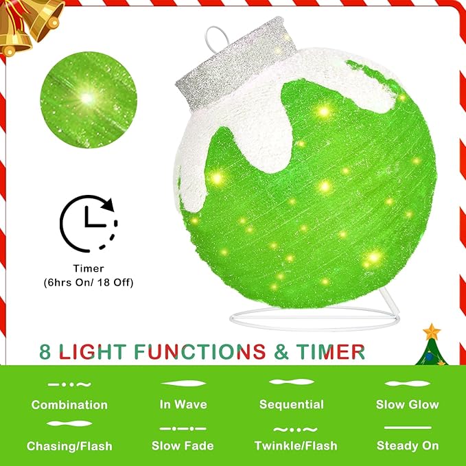 BRIGHTDECK Outdoor Christmas Ball Decoration, 80 LED Lights, 8 Light Modes, Pop-Up Collapsible Holiday Ornament (Green)