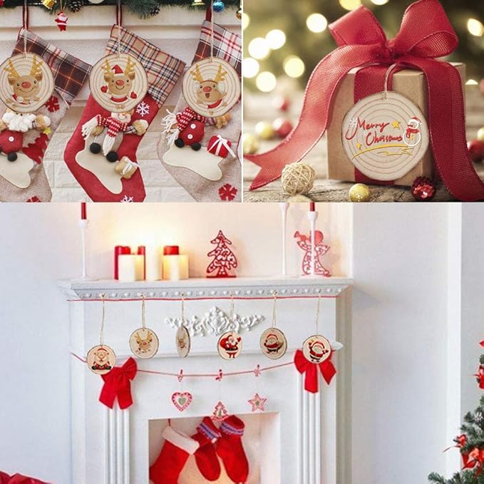 AerWo Natural Wood Slices Christmas Ornaments, 50 Pcs 2.7-3.1 Inches Small Wood Slices with Holes, Round Plain Wooden Circle Ornaments Blanks for DIY Crafts Unfinished Xmas Wooden Ornament