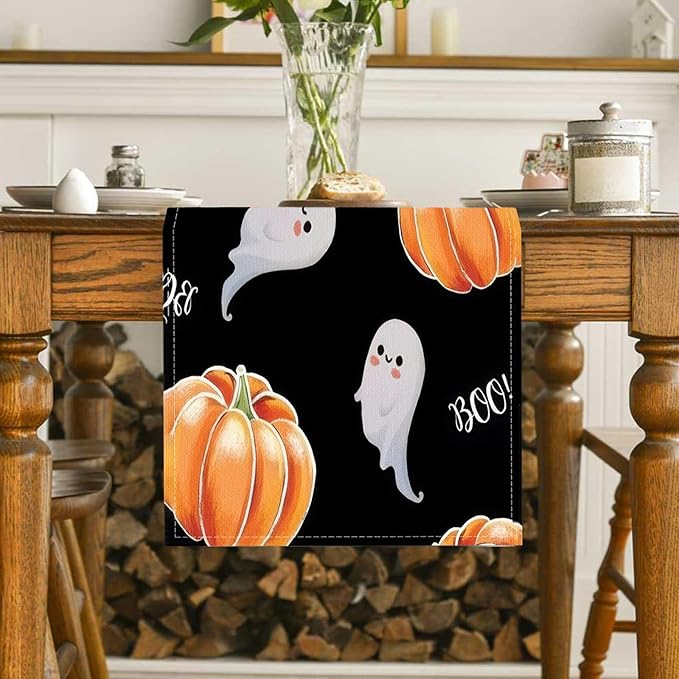 Halloween Table Runner Spooky Ghost Pumpkin Table Runner for Home Party Holiday Indoor Outdoor Table Decoration Halloween Table Decoration Kitchen Dining Table Decor 13 x 36 Inch (Black)