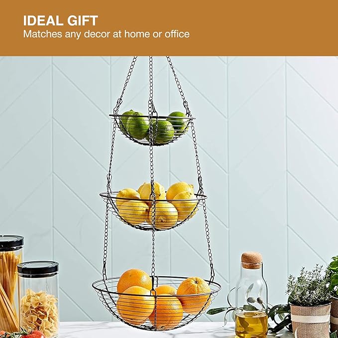 REGAL TRUNK & CO. 3 Tier Hanging Fruit Basket, Farmhouse Wire Basket, Three Tier Fruit Basket for Kitchen for Vegetables, Bread & More, Metal Chain, Hanging Hook and Detachable Round Wire Baskets