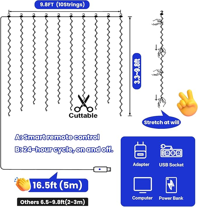 HXWEIYE 300LED Blue Fairy Curtain Lights with Remote 8 Modes Timer for Bedroom, 9.8x9.8Ft USB Plug in Christmas Fairy Hanging String Lights for Outdoor, Weddings, Party, Garden, Wall, Decorations
