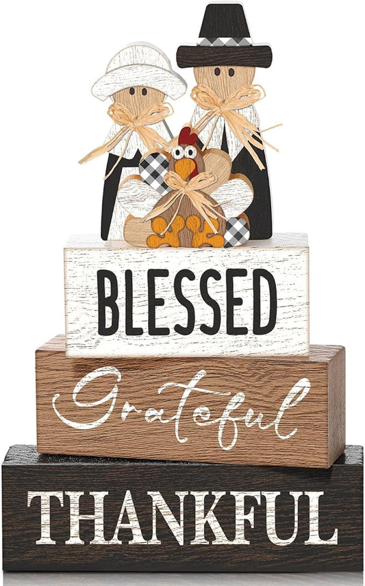 4 Pcs Fall Thanksgiving Table Decor for Home Pilgrim Couple Wooden Signs with Blessed Thanksgiving Autumn Tiered Tray Decor Turkey Tabletop Centerpiece Grateful Block Signs for Office Kitchen Shelf