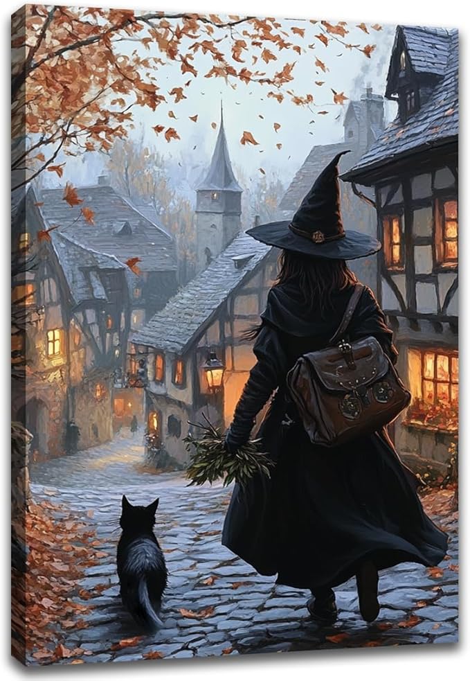 Autumn Witch And Black Cat Picture Wall Decor,Halloween Canvas Vintage Rustic Wall Art,Preppy Bedroom Living Room Bathroom Poster Print,20"x30" Framed