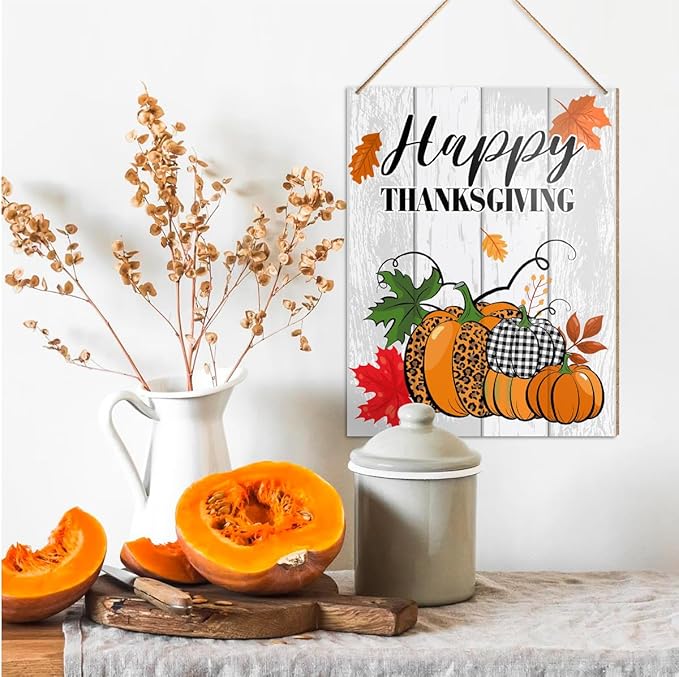 UDNADKEX Happy Thanksgiving Decorations Hanging Sign, Thanksgiving Decor Rustic Buffalo Plaid Pumpkin Wooden Wall Sign Decorations