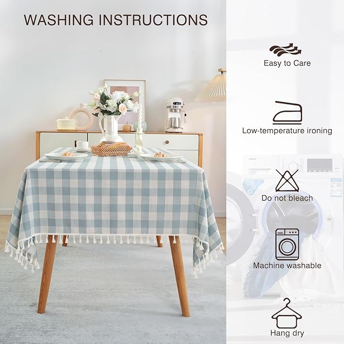 JIALE Gingham Tablecloth Square Cotton Linen Fabric Checkered Table Cloth with Tassel Washable Wrinkle Free Buffalo Plaid Table Cover for Easter Party Outdoor Picnic Kitchen Dining, Blue, 55x55