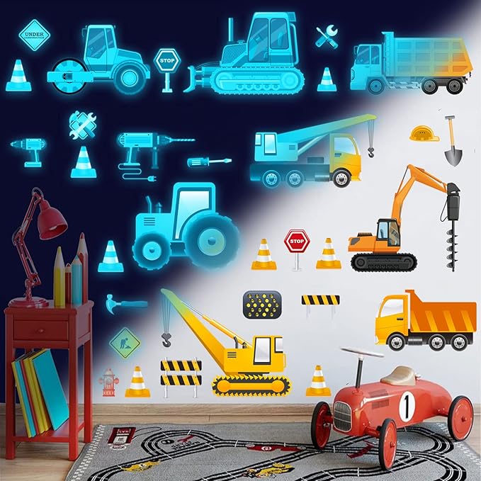 Glow in The Dark Construction Wall Decals,Luminous Construction Wall Stickers Decals Glowing Self-Adhesive Truck Car Excavator Stickers for Ceiling Decor Kids Baby Room Wall Stickers Decor Boys Gifts