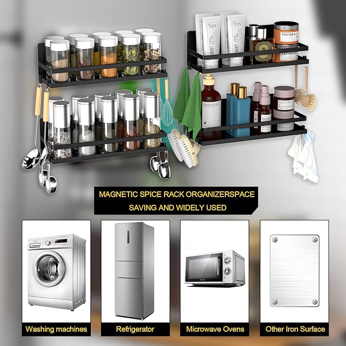 Magnetic Spice Rack for Refrigerator,Magnetic Shelf Fridge Organizer for Kitchen, Spice Rack Space Saver Container for Kitchen/Apartment, Drill Free, Black 6 Pack