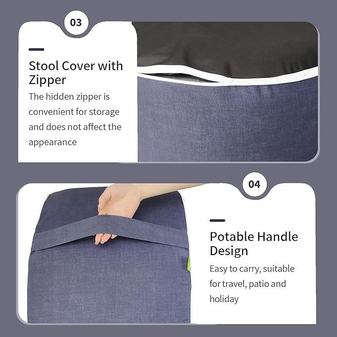 Inflatable Ottoman Stool D21 xH9 for Outdoor/Indoor Use, Water Repellent Patio Foot Rest Stool with Portable Handle,Round Pouf Ottoman Suitable for Garden,Deck and Camping - Textured Navy