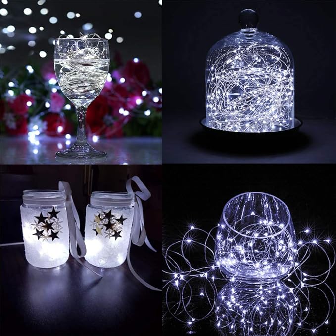 4 x Fairy Lights Battery Operated, Silver Wire Chains 8 Mode 5M 50 LEDs Timer String Lights with Remote Control for Bedroom Christmas Party Wedding Decoration