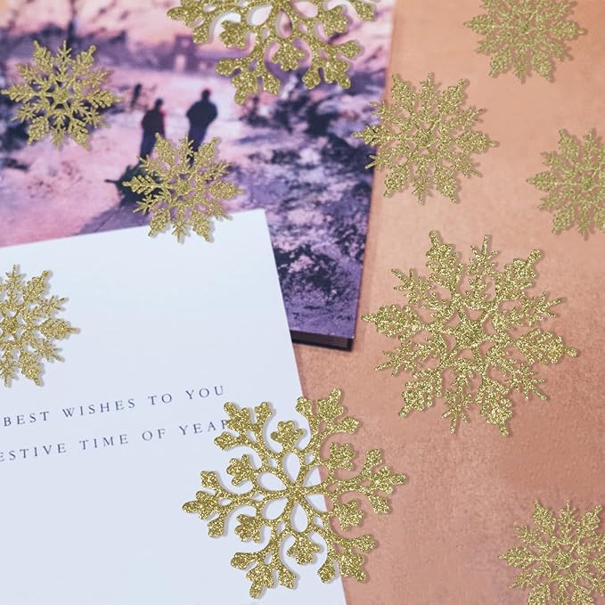 36pcs Christmas Gold Snowflake Ornaments Plastic Glitter Snow Flakes Ornaments for Winter Christmas Tree Decorations Size Varies Craft Snowflakes