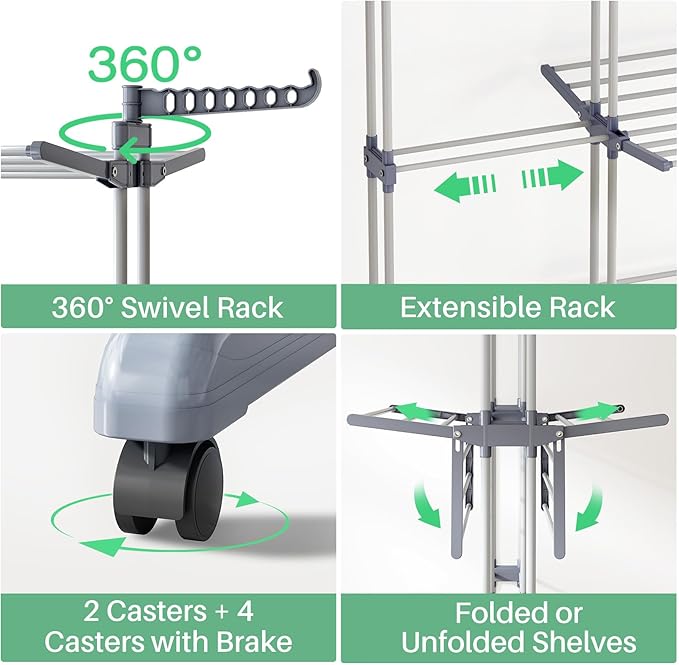 Kitstorack Clothes Drying Rack - Foldable Movable Clothes Rack Drying 30.0" W to 59.0" W Extensible Drying Rack Clothing Oversized 4-Tier Stainless Steel Large Clothes Rack Drying Indoor and Outdoor