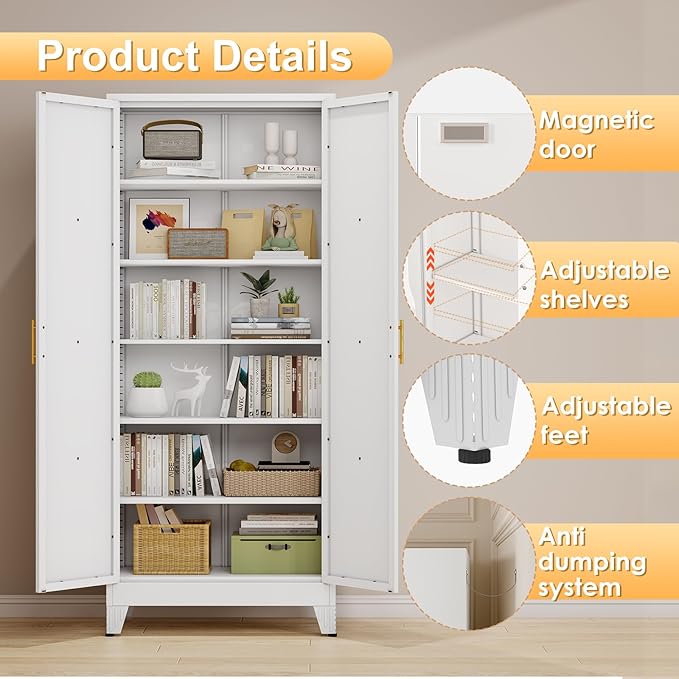 75" Tall Metal Kitchen Pantry Storage Cabinet, Freestanding Cupboard with 2 Doors and 5 Adjustable Shelves, Standing Storage for Kitchen, Bathroom, Garage, Dinning Room or Utility Room（White）