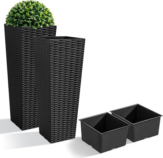JUMMICO Set of 2 Resin Rattan Tall Planters for Outdoor Plants, Large Tapered Planters with Drainage Holes&Inner Trays, Flower Pots for Garden, Patio, Porch, Backyard (Black, 24'')