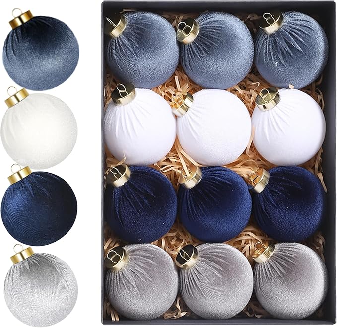 12Pcs Velvet Christmas Ornaments Balls,Blue Christmas Tree Decoration Shatterproof Ball with Hanging for Party Decor Multicolor Dusty Blue 80mm/3.15in