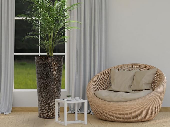 Worth Garden 2-Pack 25" H. Metal Planter with 2X Inside Pots - Hand-Hammered Texture Tall Cone Plant Pots - Large Handcrafted Black Flower Pot for Indoor Outdoor, Deck, Patio, Front Porch (Bronze)