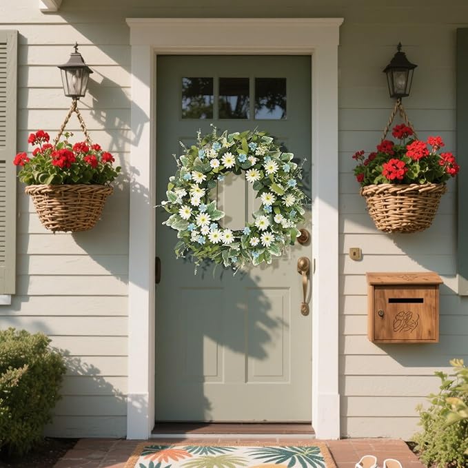 24 Inch Wreaths for Front Door, Large Spring Summer Artifiical Wreath with Blue White Daisy Flower, All Season Floral Wreaths for Porch Window Wall Decor Outside Indoor Outdoor Decorations