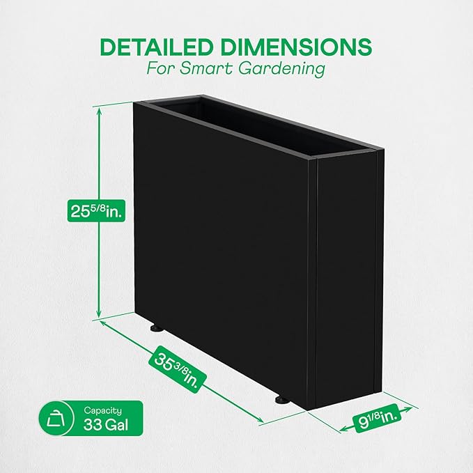 IDZO Metal Planter Box, Privacy Trough for Patio, Rectangle Container for Outdoor Plants, Tall Large Rectangular Steel Bed for Outdoor Greens with Drainage Holes & Adjustable Feet, Black